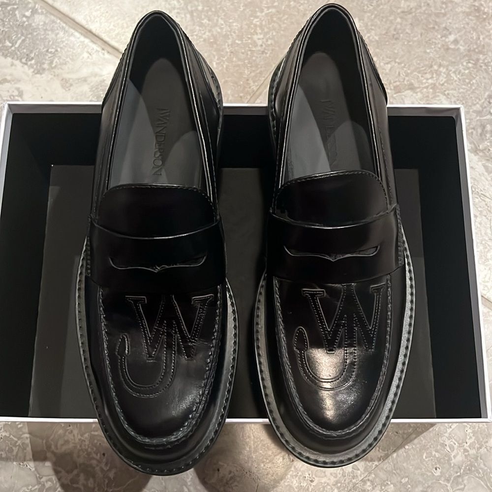 JW Anderson Anchor Logo Loafers, Black Leather, New, Size 42
